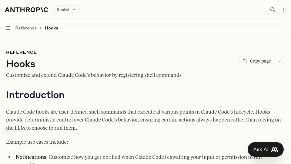 Screenshot of docs.anthropic.com: Claude Code now supports hooks