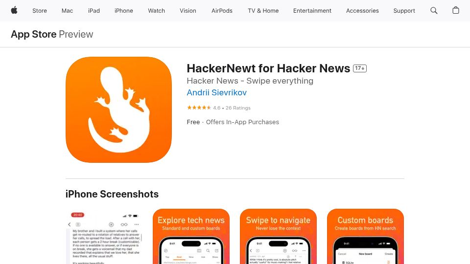 Screenshot of apps.apple.com: Show HN: HackerNewt – Breadth-first exploring HN client for iOS