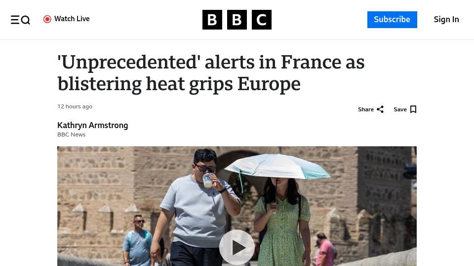 Screenshot of bbc.com: 'Unprecedented' alerts in France as blistering heat grips Europe