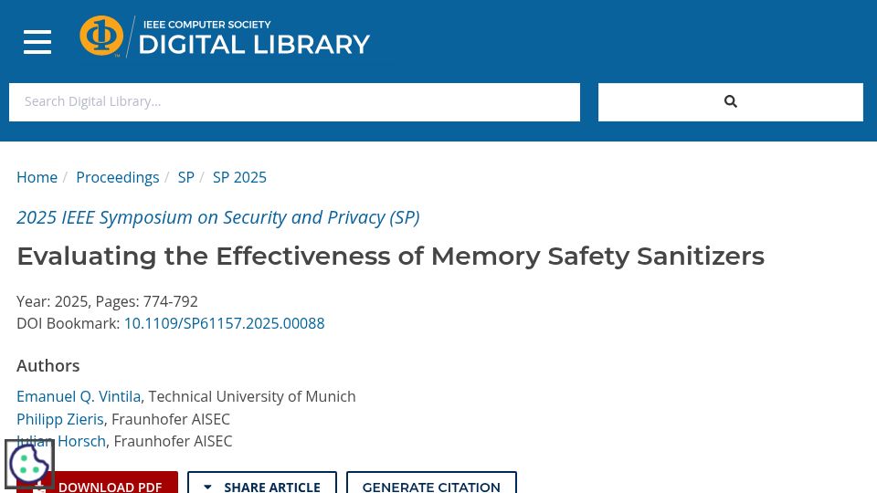Screenshot of computer.org: Evaluating the Effectiveness of Memory Safety Sanitizers