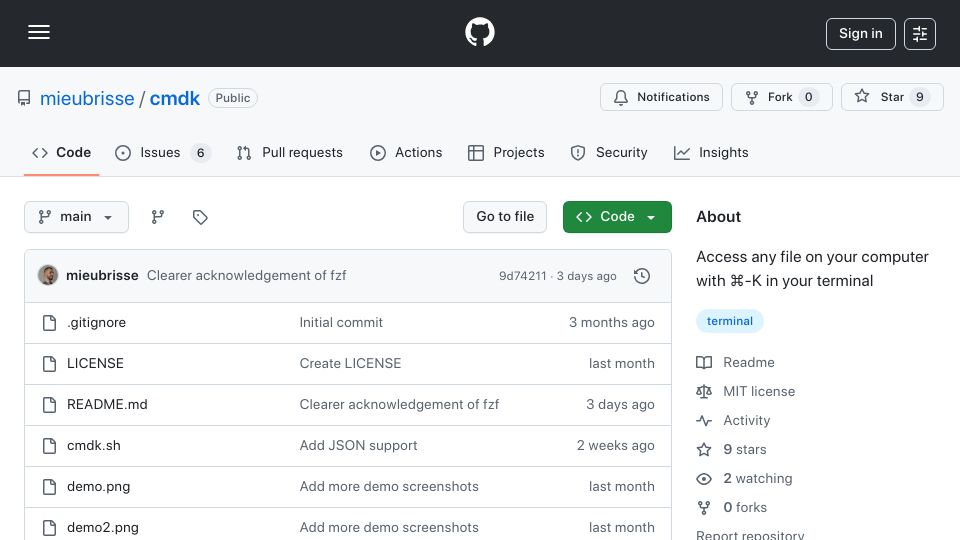 Screenshot of github.com: Cmdk – CD anywhere and open anything in your terminal