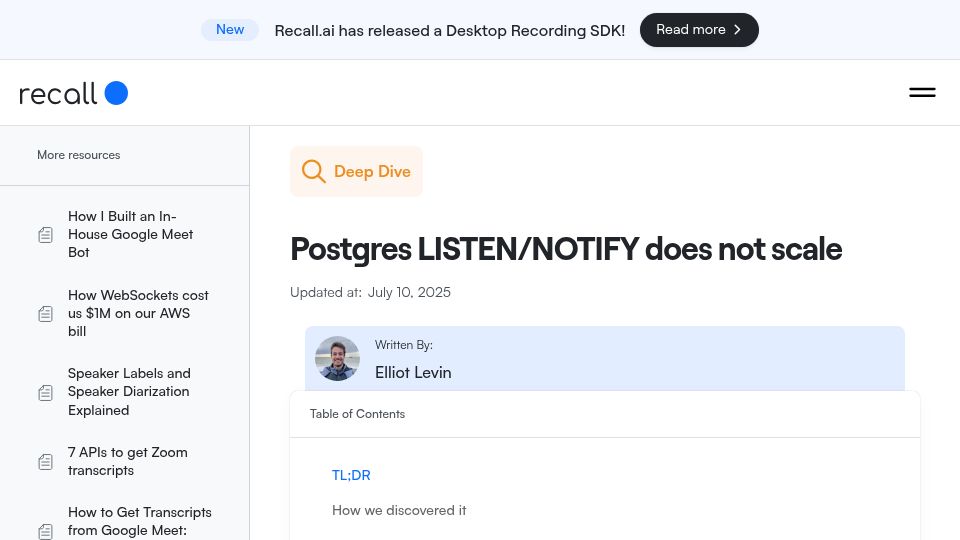 Screenshot of recall.ai: Postgres LISTEN/NOTIFY does not scale
