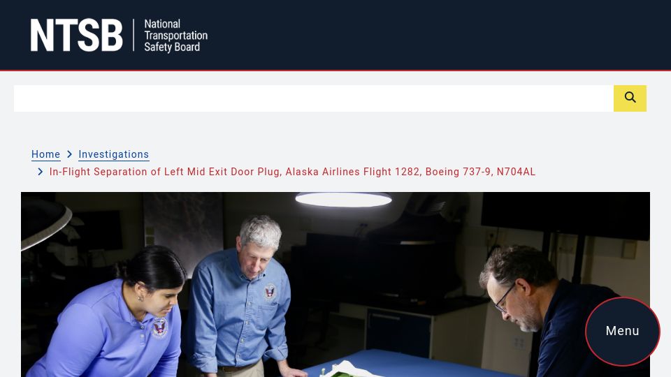 Screenshot of ntsb.gov: Final report on Alaska Airlines Flight 1282 in-flight exit door plug separation