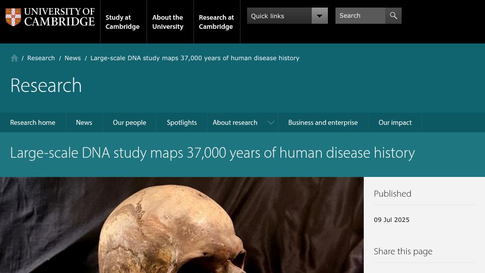 Screenshot of cam.ac.uk: Large-scale DNA study maps 37,000 years of human disease history