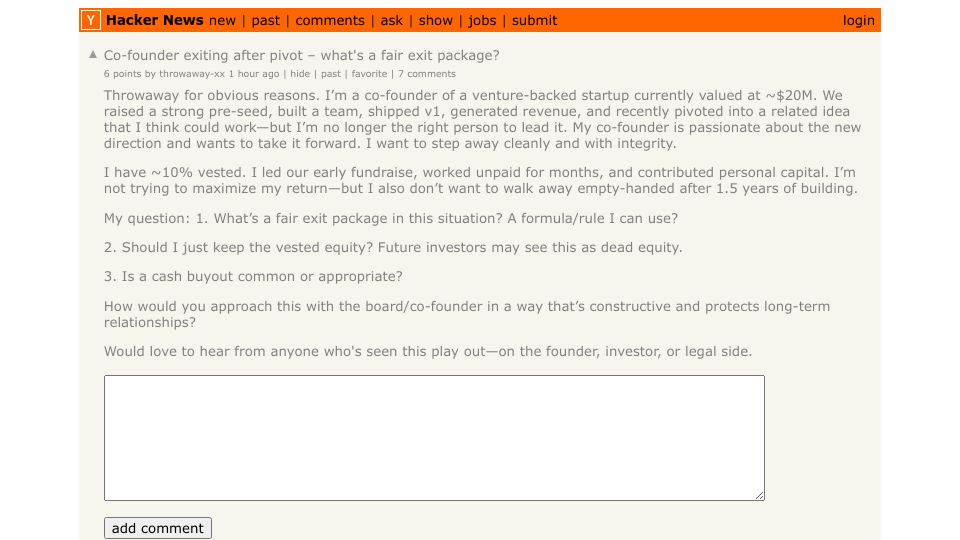 Screenshot of Hacker News post: Co-founder exiting after pivot – what's a fair exit package?