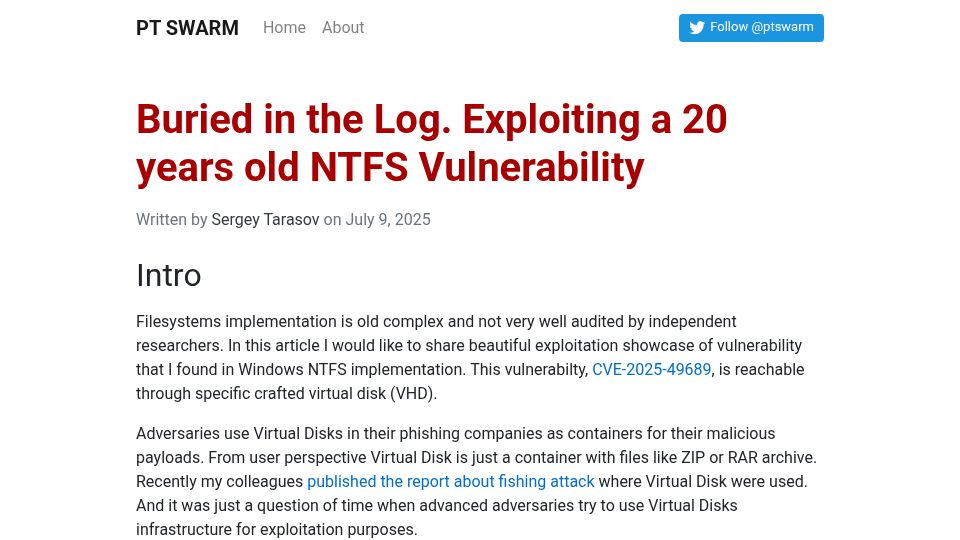 Screenshot of swarm.ptsecurity.com: Exploiting a 20 years old NTFS Vulnerability