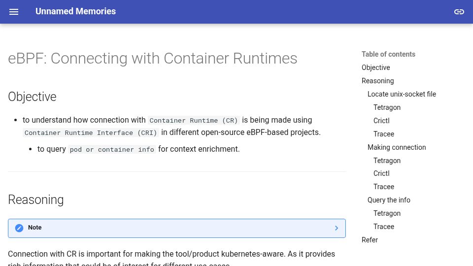 Screenshot of h0x0er.github.io: eBPF: Connecting with Container Runtimes