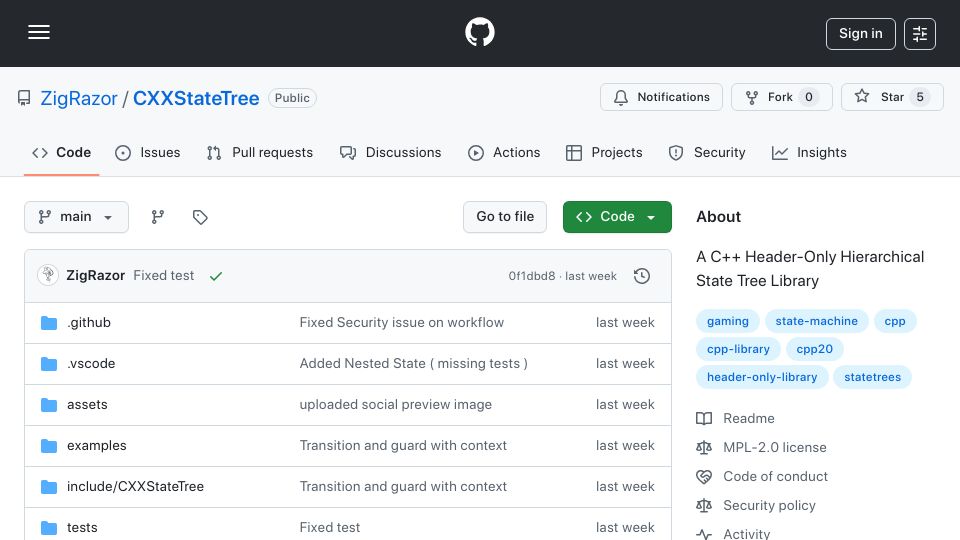 Screenshot of github.com: Show HN: CXXStateTree – A modern C++ library for hierarchical state machines
