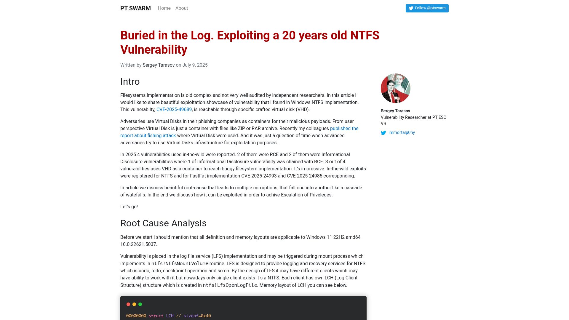 Screenshot of swarm.ptsecurity.com: Exploiting a 20 years old NTFS Vulnerability