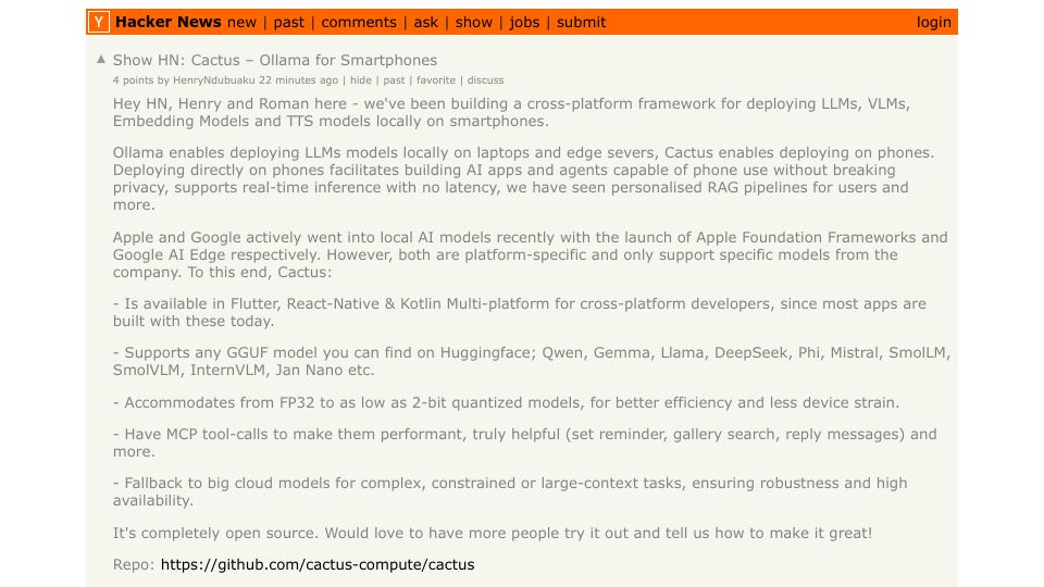 Screenshot of github.com: Show HN: Cactus – Ollama for Smartphones