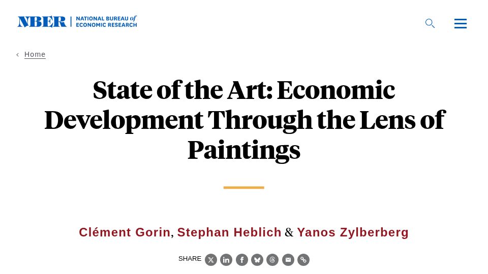 Screenshot of nber.org: State of the Art: Economic Development Through the Lens of Paintings