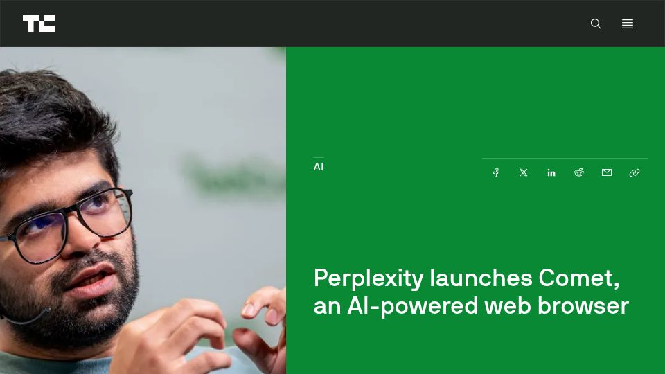 Screenshot of techcrunch.com: Perplexity launches Comet, an AI-powered web browser