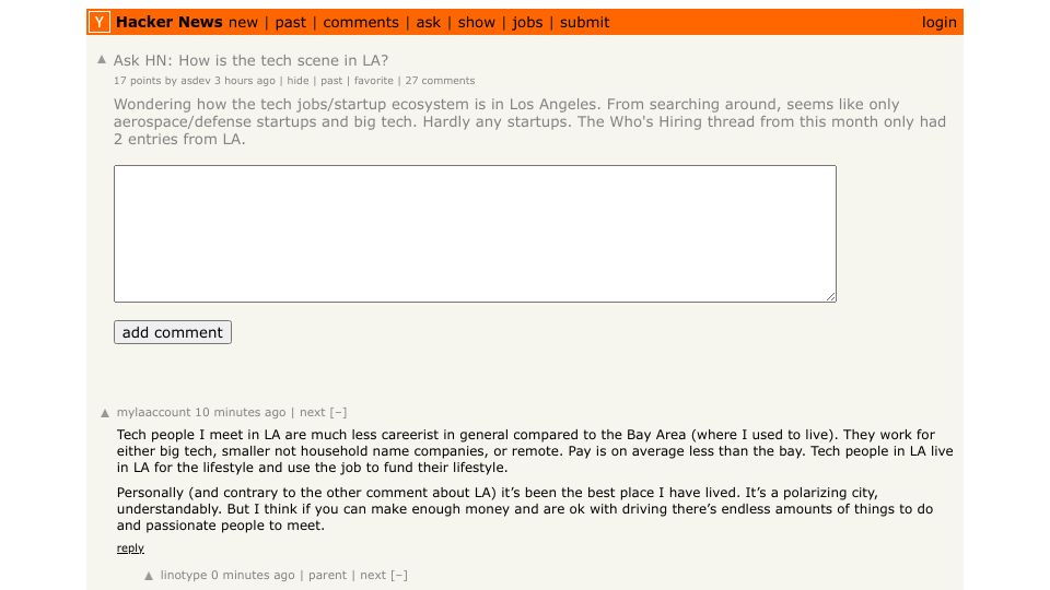 Screenshot of Hacker News post: Ask HN: How is the tech scene in LA?