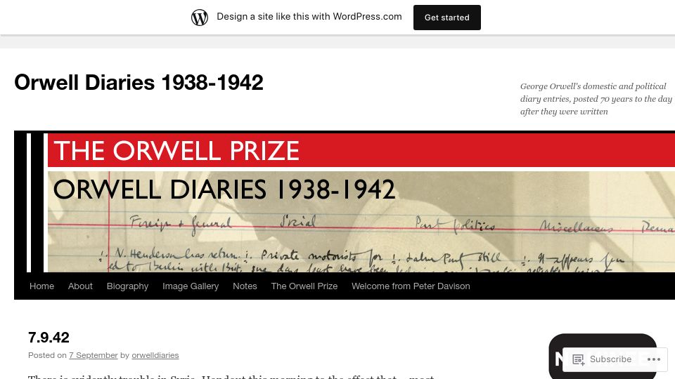 Screenshot of orwelldiaries.wordpress.com: Orwell Diaries 1938-1942