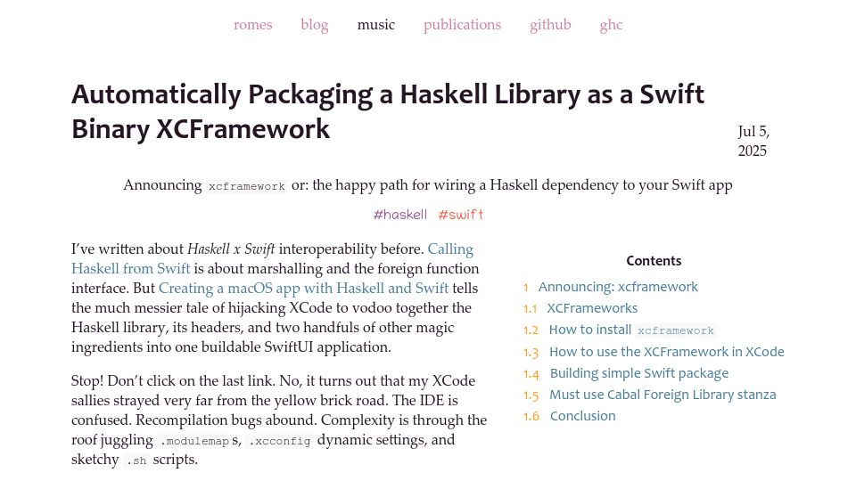 Screenshot of alt-romes.github.io: Automatically Packaging a Haskell Library as a Swift Binary XCFramework