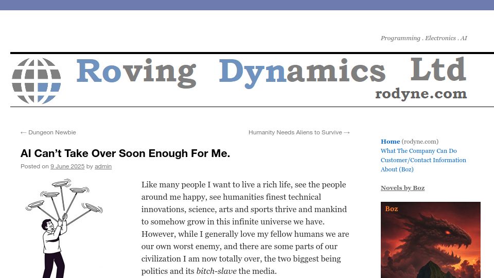 Screenshot of rodyne.com: AI Can't Take over Soon Enough for Me