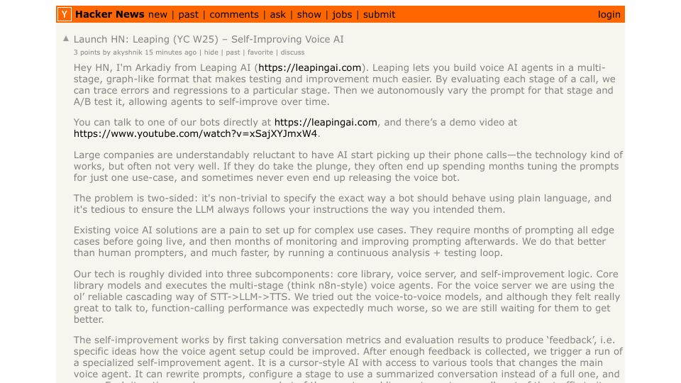 Screenshot of Hacker News post: Launch HN: Leaping (YC W25) – Self-Improving Voice AI