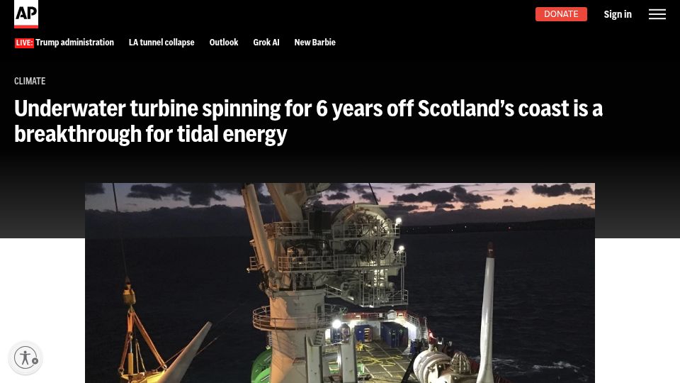 Screenshot of apnews.com: Underwater turbine spinning for 6 years off Scotland's coast is a breakthrough