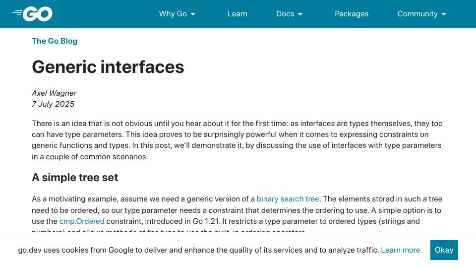 Screenshot of go.dev: Generic interfaces