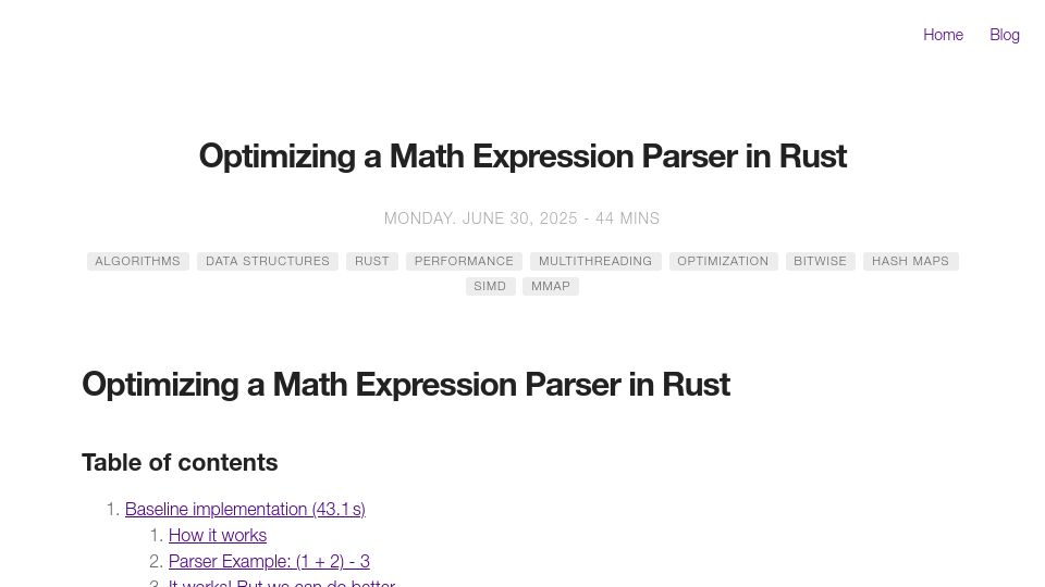 Screenshot of rpallas.xyz: Optimizing a Math Expression Parser in Rust