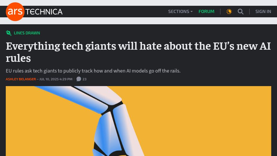 Screenshot of arstechnica.com: EU rules ask tech giants to publicly track how, when AI models go off the rails