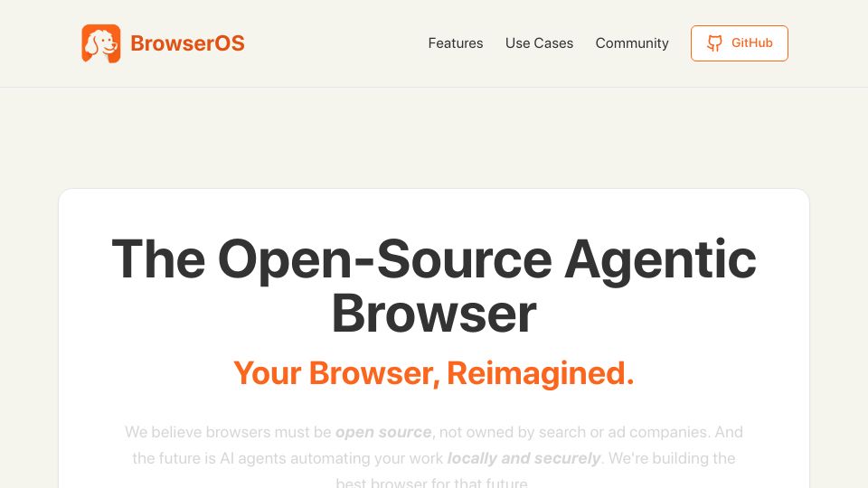Screenshot of browseros.com: Show HN: Open source alternative to Perplexity Comet