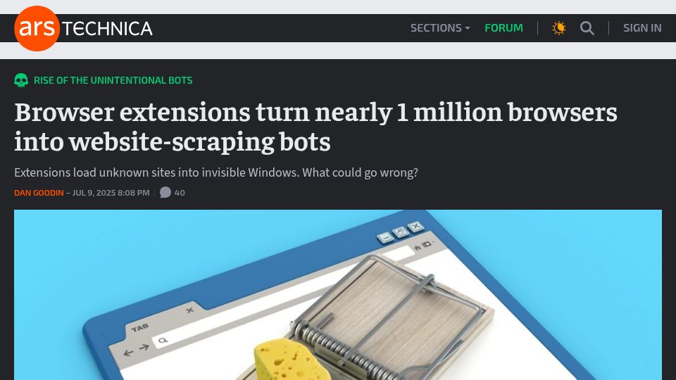 Screenshot of arstechnica.com: Browser extensions turn nearly 1M browsers into website-scraping bots