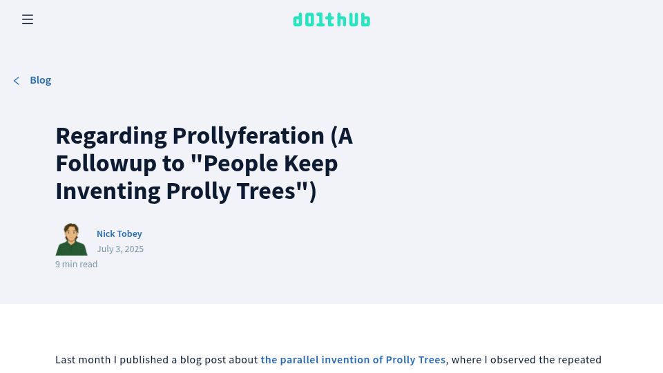 Screenshot of dolthub.com: Regarding Prollyferation: Followup to "People Keep Inventing Prolly Trees"