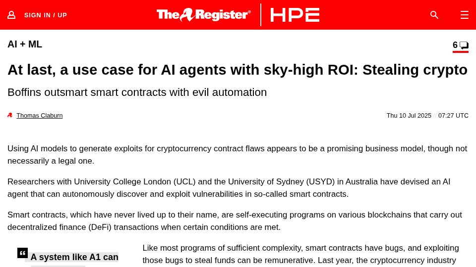 Screenshot of theregister.com: At last, a use case for AI agents with sky-high ROI: Stealing crypto