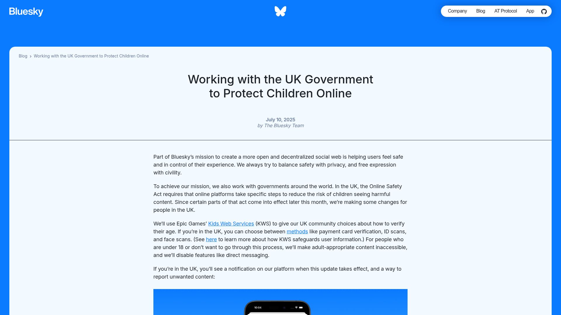 Screenshot of bsky.social: Working with the UK Government to Protect Children Online