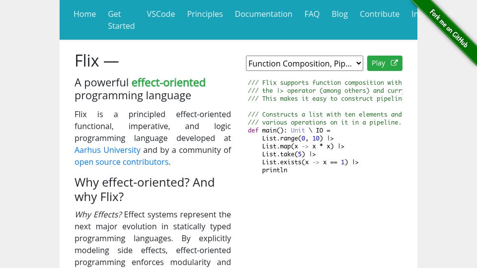 Screenshot of flix.dev: Flix – A powerful effect-oriented programming language