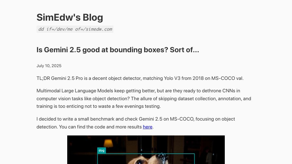 Screenshot of simedw.com: Is Gemini 2.5 good at bounding boxes?