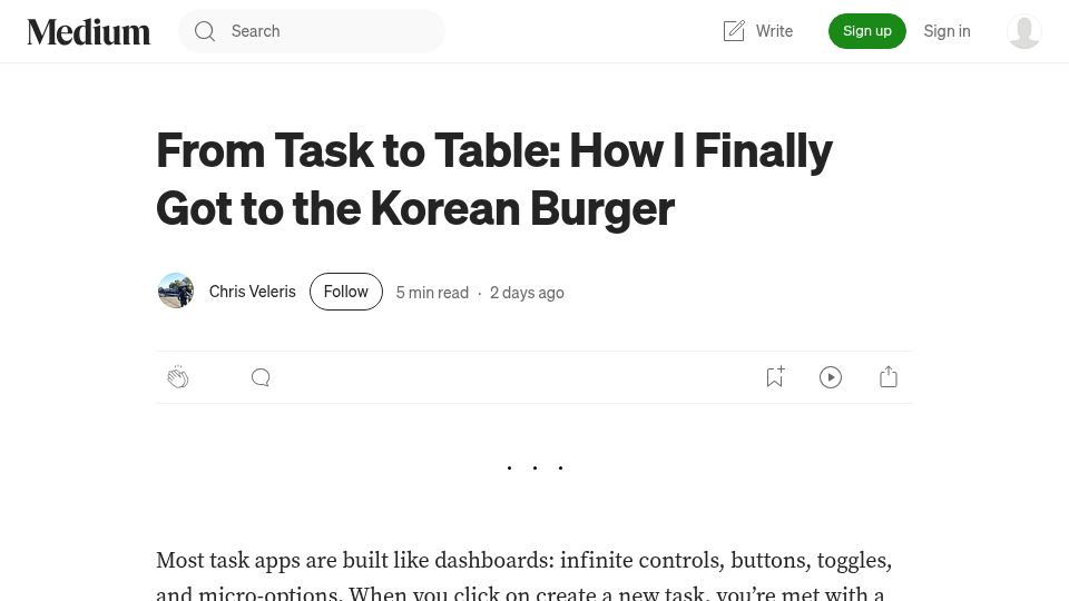 Screenshot of medium.com: From Task to Table: How I Got to the Korean Burger
