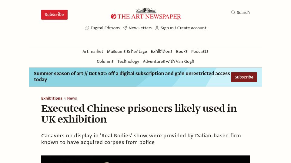 Screenshot of theartnewspaper.com: Executed Chinese prisoners likely used in UK exhibition (2021)