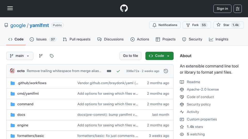 Screenshot of github.com: Yamlfmt: An extensible command line tool or library to format YAML files