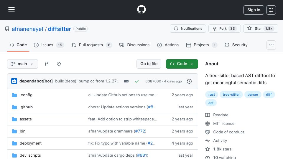 Screenshot of github.com: Diffsitter – A Tree-sitter based AST difftool to get meaningful semantic diffs