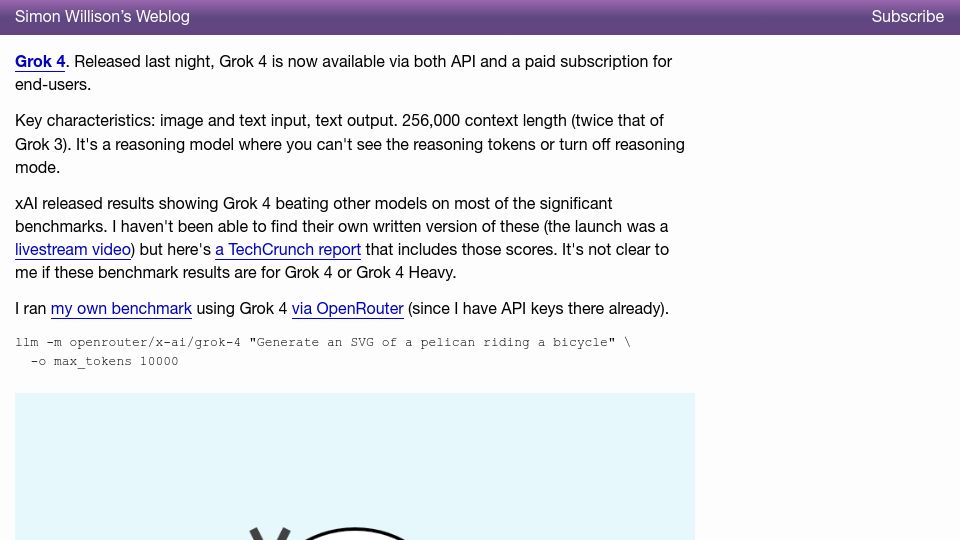 Screenshot of simonwillison.net: Grok 4