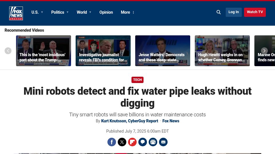 Screenshot of foxnews.com: Mini robots detect and fix water pipe leaks without digging