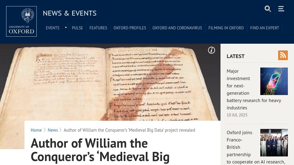 Screenshot of ox.ac.uk: Author of William the Conqueror's 'Medieval Big Data' Project Revealed