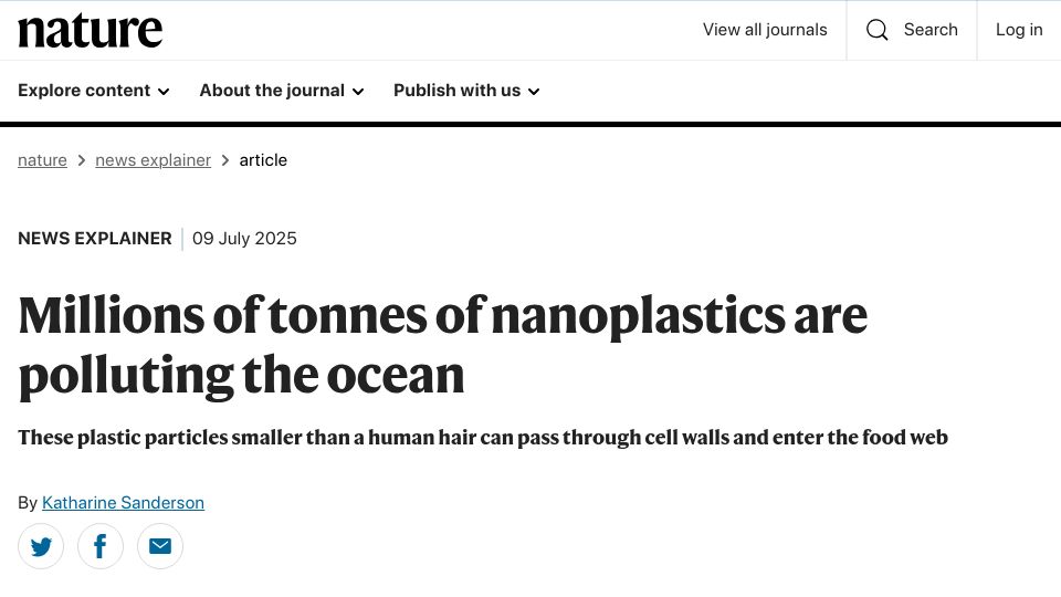 Screenshot of nature.com: Millions of tonnes of nanoplastics are polluting the ocean