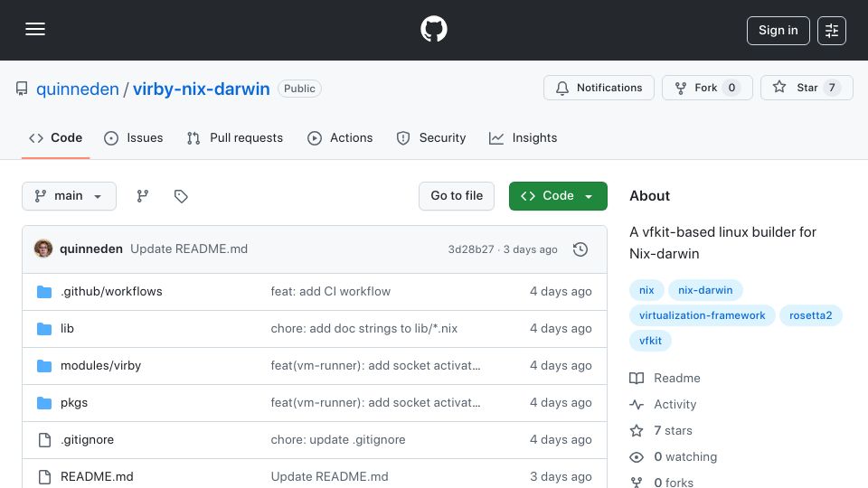 Screenshot of github.com: Show HN: Virby, a vfkit-based Linux builder for Nix-Darwin