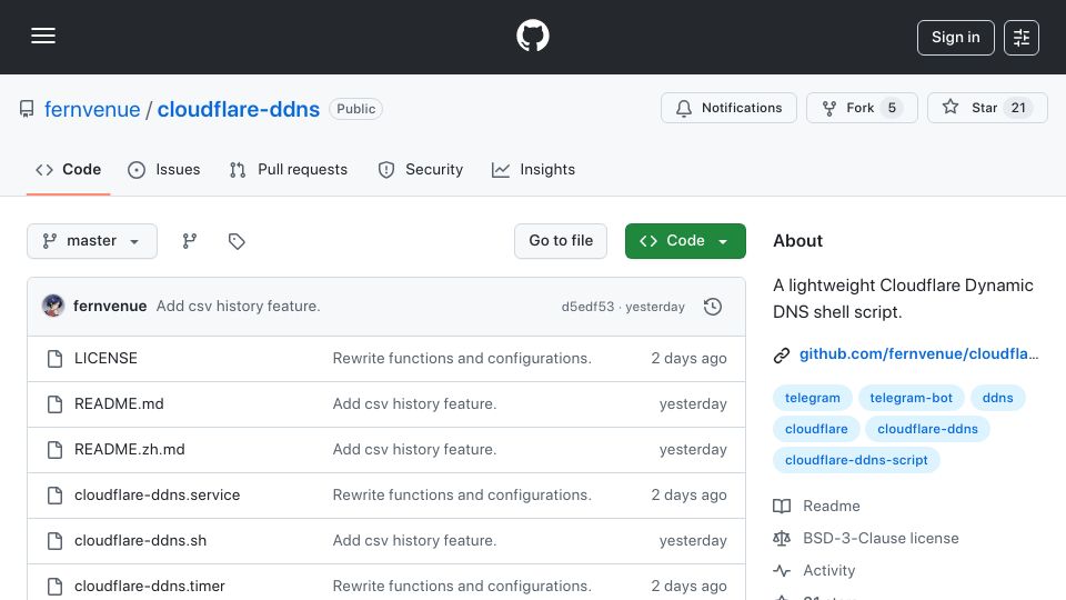Screenshot of github.com: A lightweight Cloudflare Dynamic DNS shell script