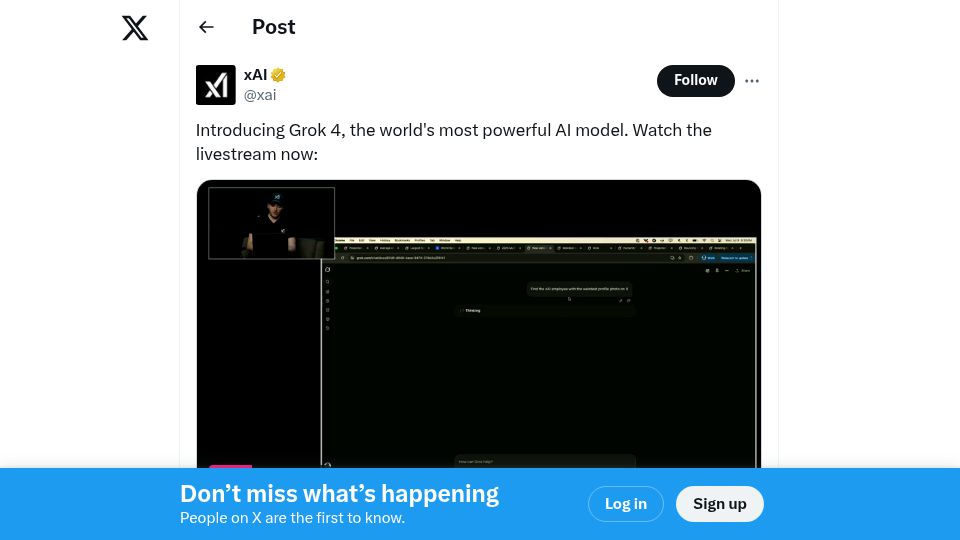 Screenshot of twitter.com: Grok 4 Launch [video]