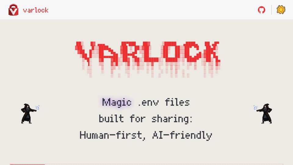 Screenshot of varlock.dev: Magic .env files built for sharing: Human-first, AI-friendly