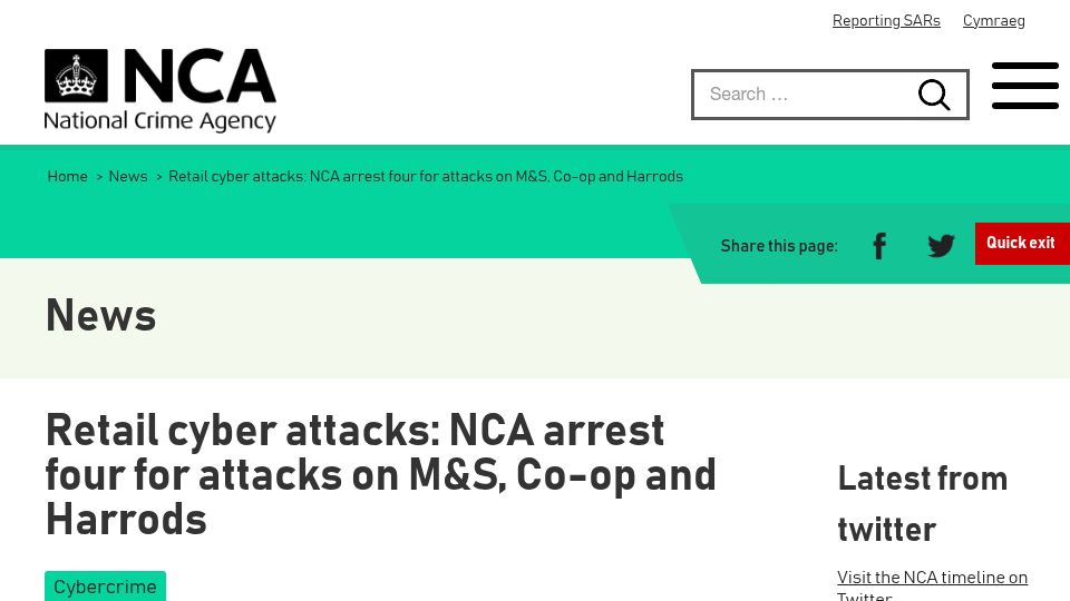 Screenshot of nationalcrimeagency.gov.uk: Retail cyber attacks: NCA arrest four for attacks on M&S, Co-op and Harrods