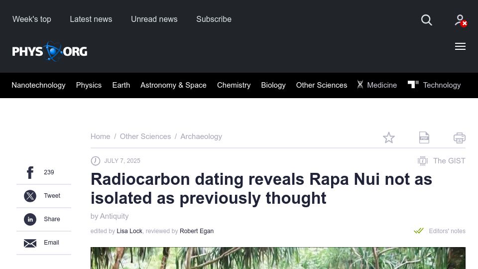 Screenshot of phys.org: Radiocarbon dating reveals Rapa Nui not as isolated as previously thought