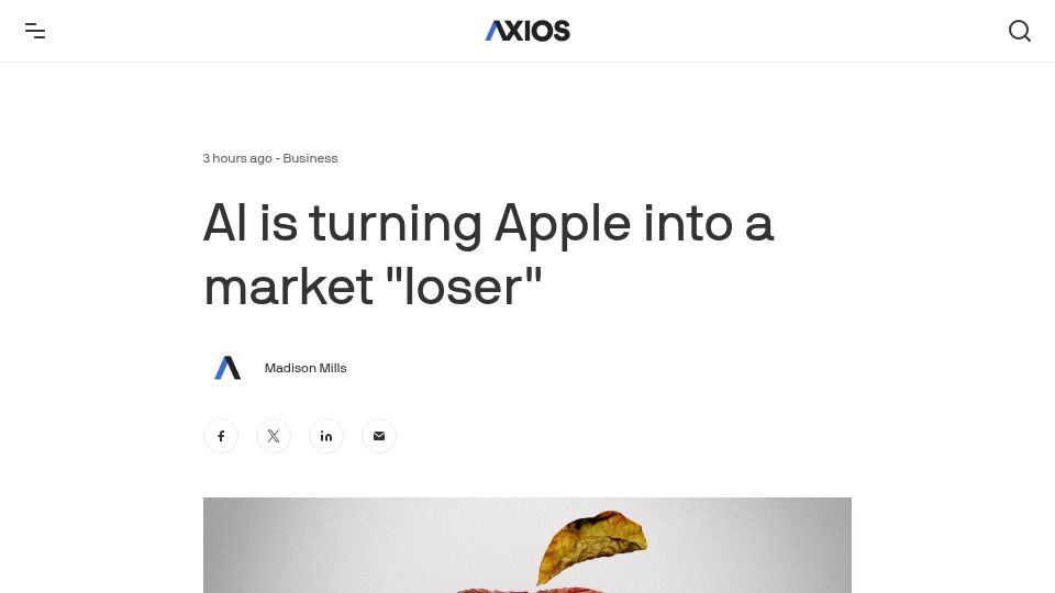 Screenshot of axios.com: AI is turning Apple into a "loser"