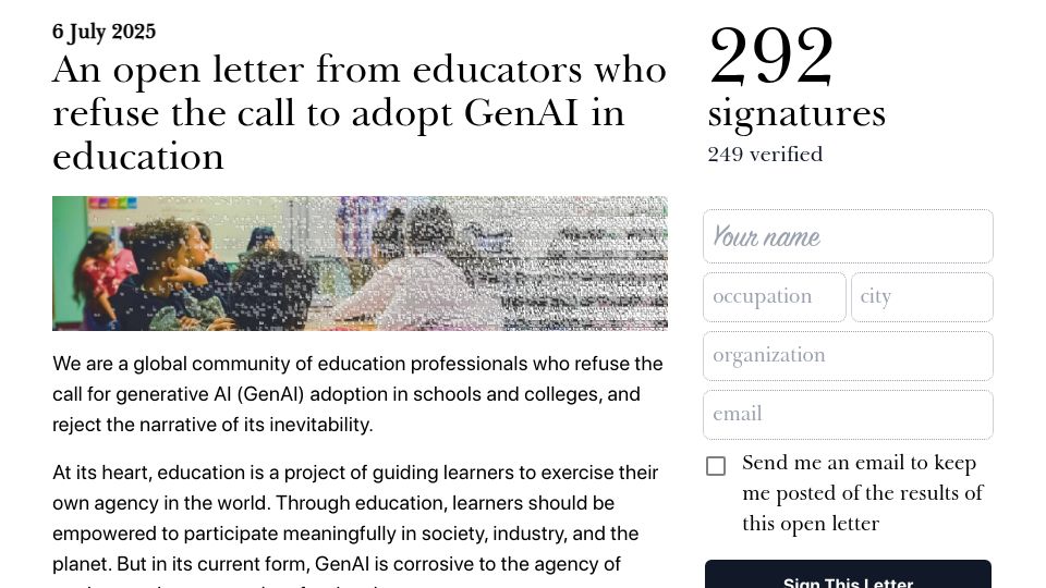 Screenshot of openletter.earth: An open letter from educators who refuse the call to adopt GenAI in education