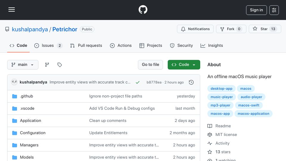 Screenshot of github.com: Show HN: Petrichor – a free, open-source, offline music player for macOS