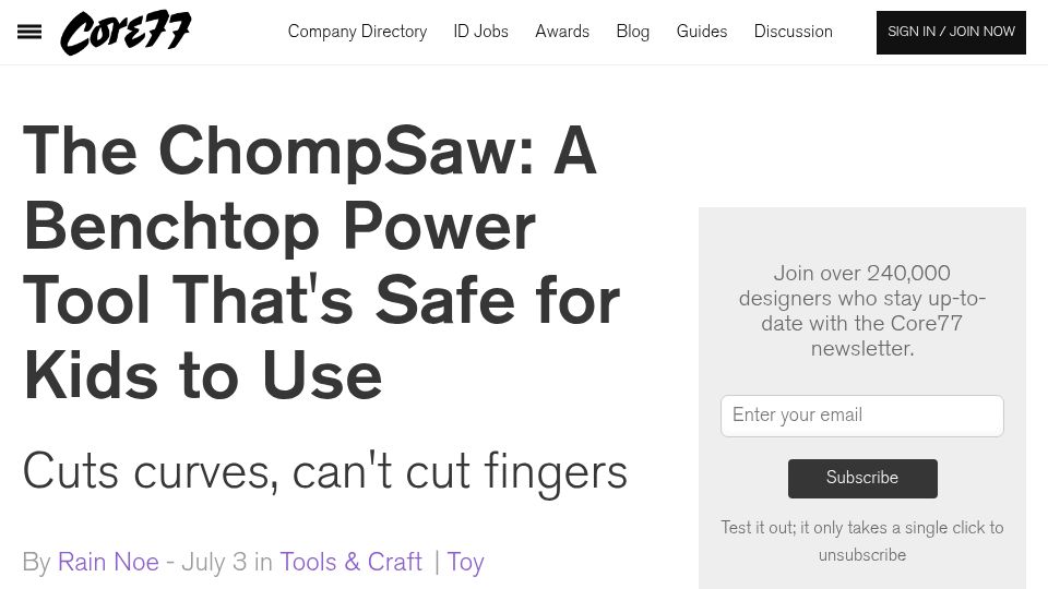 Screenshot of core77.com: The ChompSaw: A benchtop power tool that's safe for kids to use